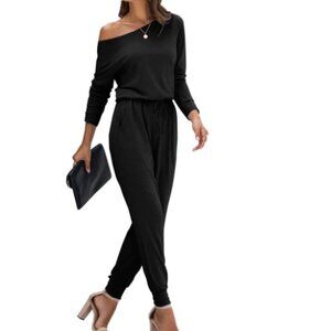 PrettyGarden Solid Off Shoulder Elastic Waist Stretchy Long Romper Jumpsuit